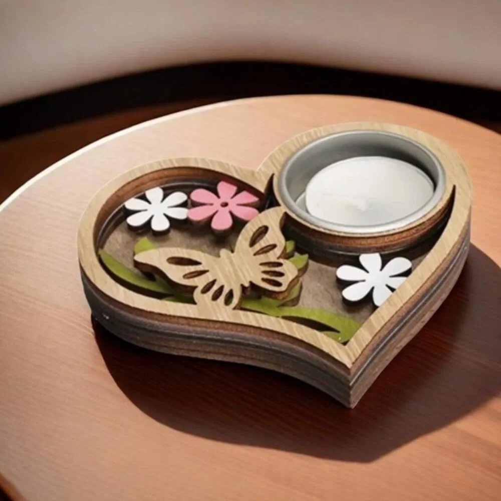 Heartfelt Glow Wooden Tealight Holder – Butterfly & Bloom Design
